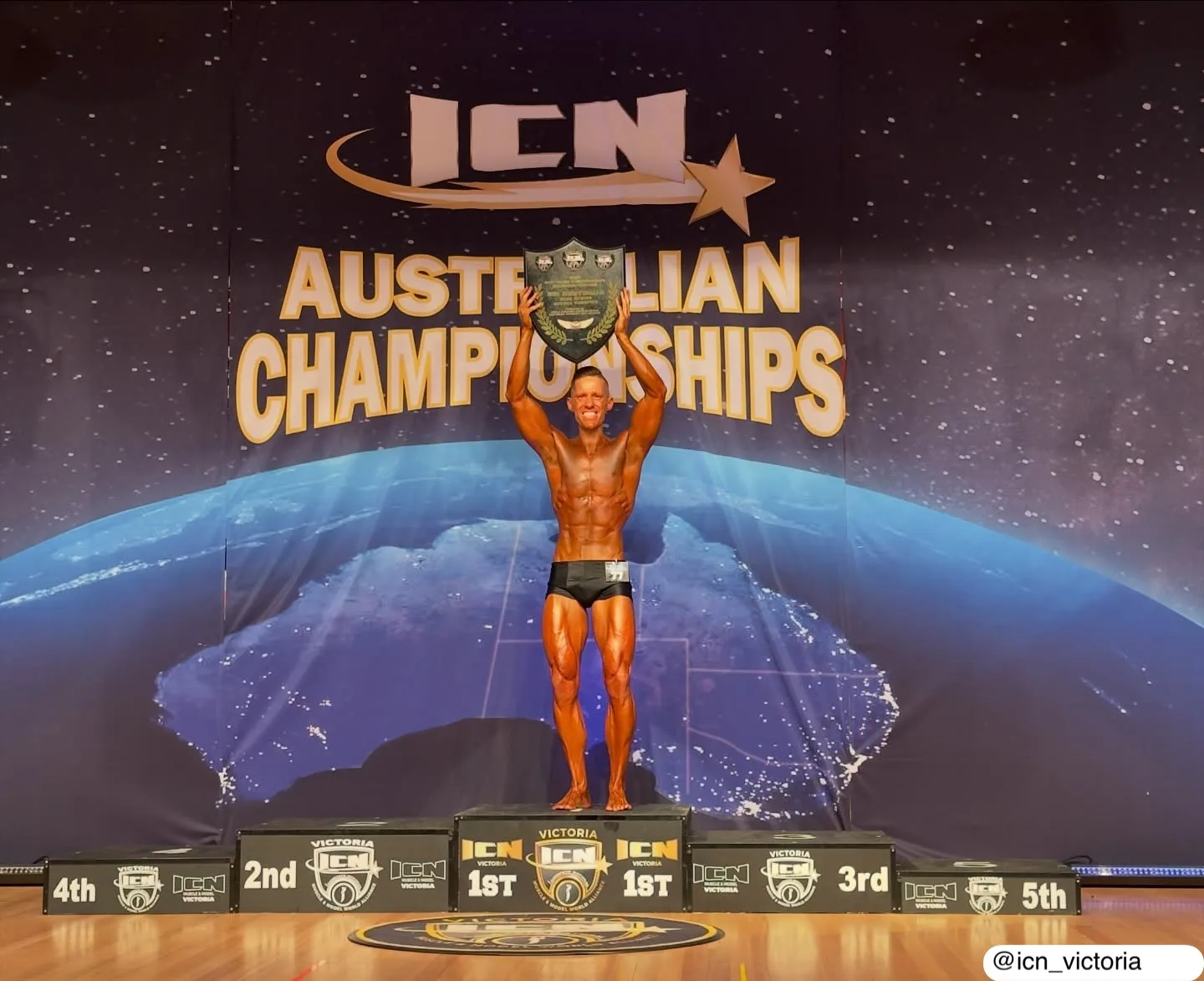 Joel Brennan on stage at the ICN Australian Championships, Mr Australia 1st place